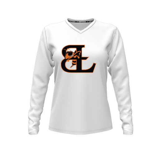 [CUS-DFW-TEES-CMF-VNK-LSL-WHT-FYXS-LOGO1] Comfort T-Shirt (Female Youth XS, White, V Neck, Logo 1, Long Sleeve)
