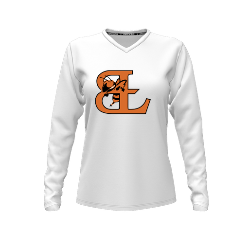 [CUS-DFW-TEES-CMF-VNK-LSL-WHT-FYXS-LOGO2] Decker Comfort T-Shirt (Female Youth XS, White, V Neck, Logo 2, Long Sleeve)