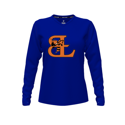 [CUS-DFW-TEES-PER-VNK-LSL-RYL-FYXS-LOGO2] Performance T-Shirt (Female Youth XS, Royal, V Neck, Logo 2, Long Sleeve)