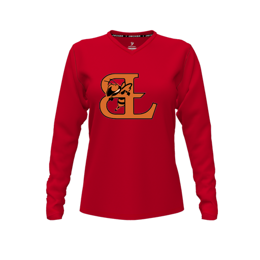 [CUS-DFW-TEES-PER-VNK-LSL-RED-FYXS-LOGO2] Performance T-Shirt (Female Youth XS, Red, V Neck, Logo 2, Long Sleeve)